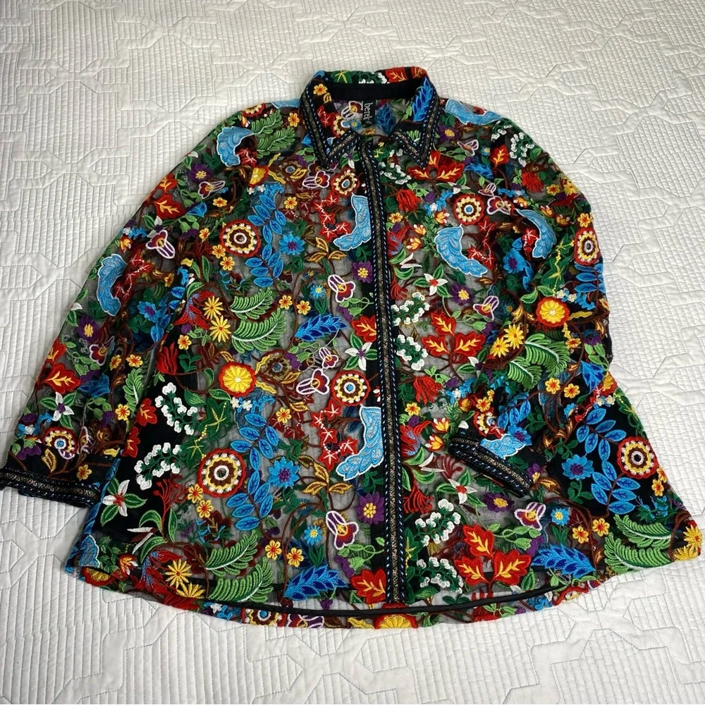 BEREK Petite L Floral Embroidered Black Mesh Button Down Shirt Blouse *flaw - Picture 2 of 14